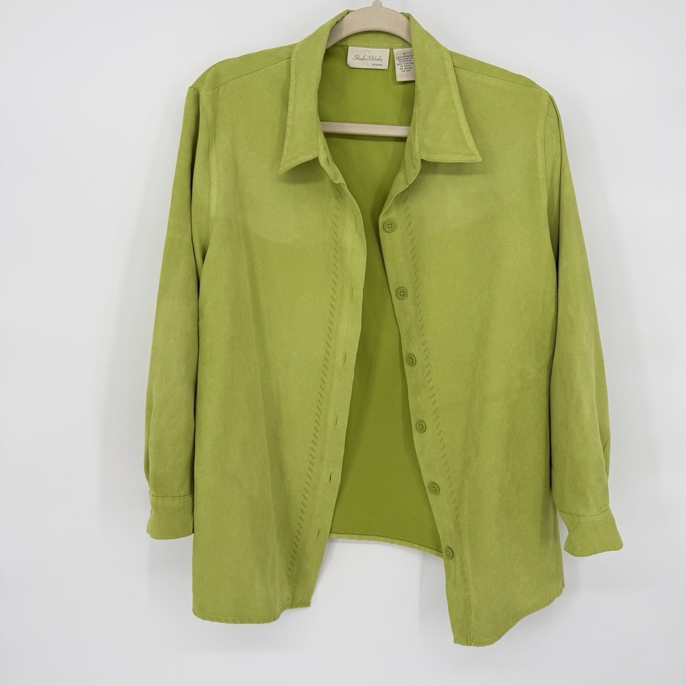 Studio Works 1X Button Up Shirt Collared Chartreuse Suede-like Classic Preppy